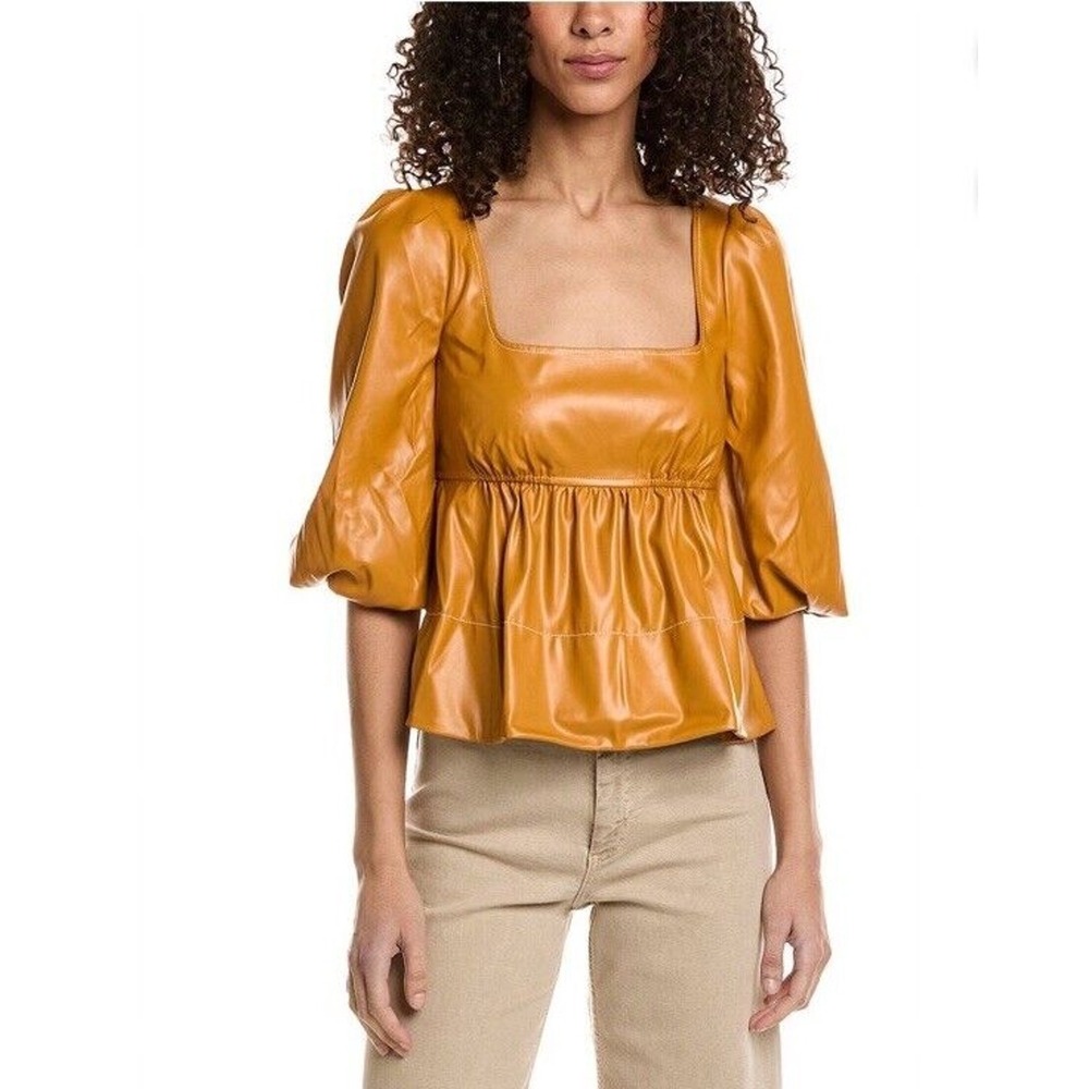Staud Sophie faux leather peplum top Yellow Womens Size Small Square Neckline